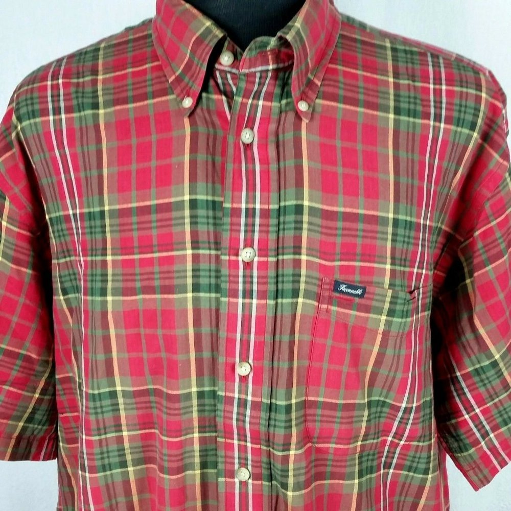 Facconable Mens XL Shirt Red Green Plaid Dress Casual Button Front Christmas